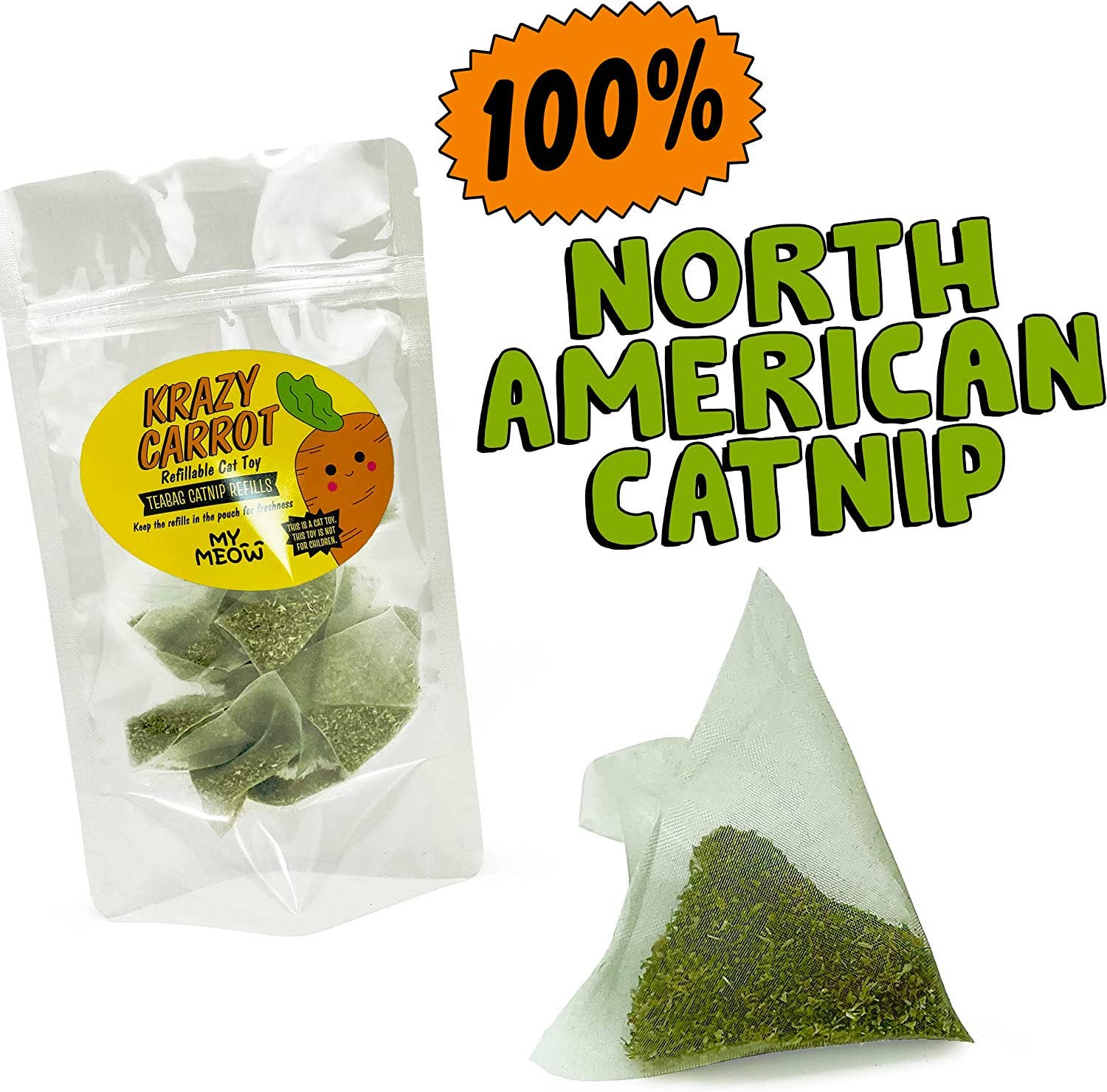 MyMeow Krazy Carrot Refillable Cat Toy with 10 Catnip Teabag refills