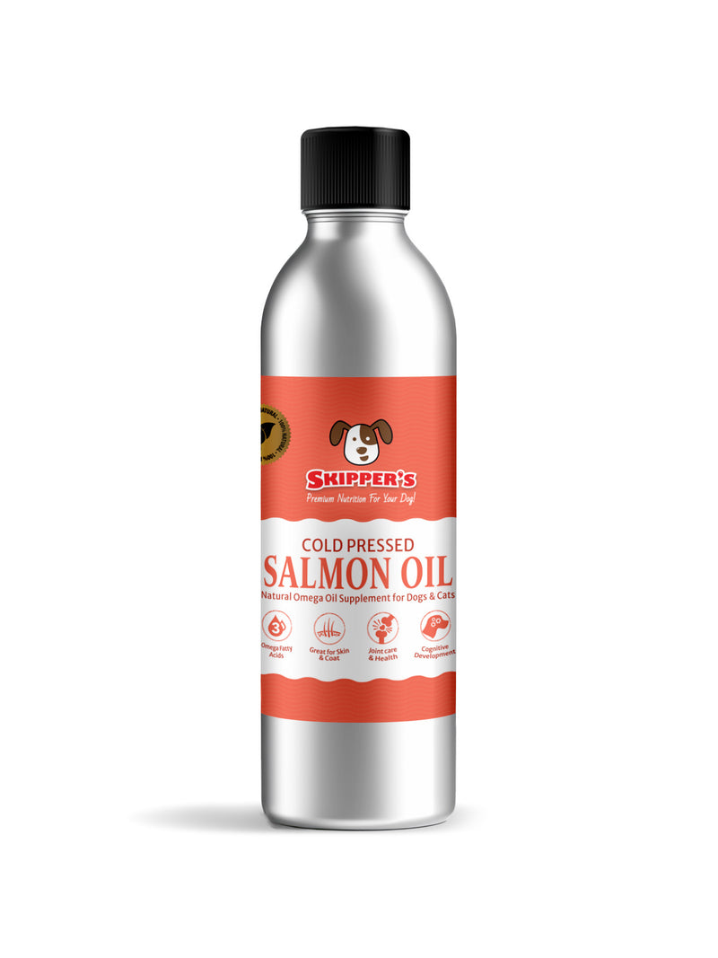A 250ml bottle of Skipper's Cold Pressed Salmon Oil for Cats and Dogs with product information visible on the label.
