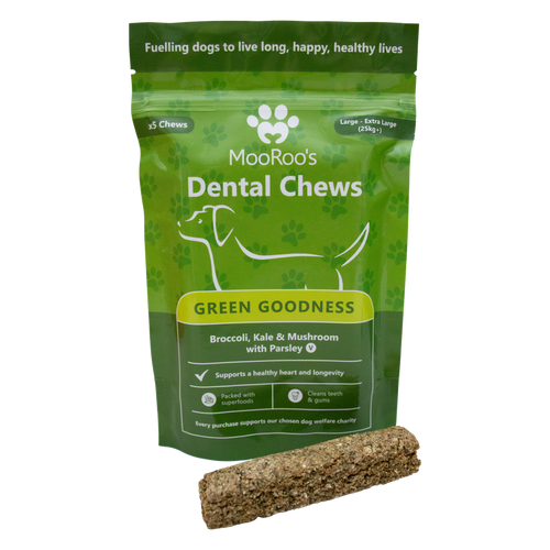 A pack of MooRoo's Green Goodness Dental Chews for dogs, featuring an image of a dog and displaying the natural ingredients like broccoli, kale, mushroom, and parsley.