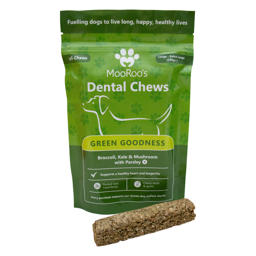 A pack of MooRoo's Green Goodness Dental Chews for dogs, featuring an image of a dog and displaying the natural ingredients like broccoli, kale, mushroom, and parsley.