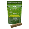 A pack of MooRoo's Green Goodness Dental Chews for dogs, featuring an image of a dog and displaying the natural ingredients like broccoli, kale, mushroom, and parsley.