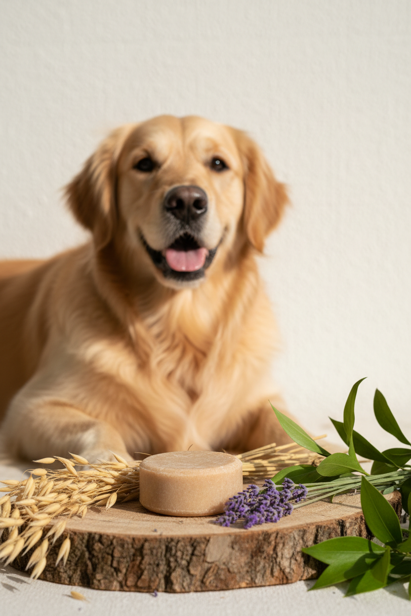 Pup Suds Massaging Anti-Itch Dog Shampoo Bar lifestyle photo with natural botanicals and soft-focus dog in background