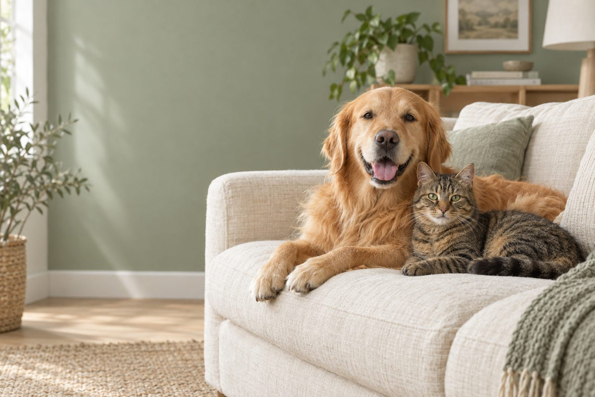 Golden retriever and tabby cat relaxing together on a cream sofa